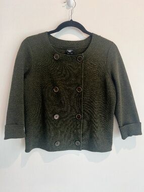 Talbots Vintage Olive Green Merino Wool Double Breasted Sweater Jacket PM